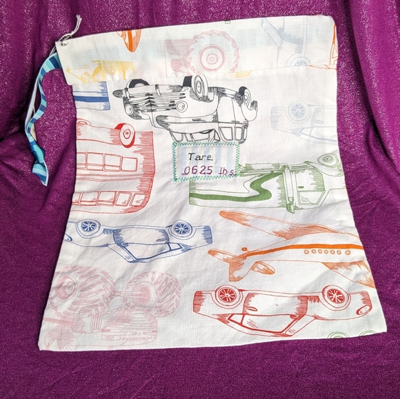 Reusable Fabric Produce Bag with Tare Weight- Trucks and Blue Ribbon - Picture 3 of 6